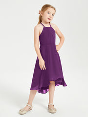 Trendy Tea Length Junior Bridesmaid Dresses Asymmetrical Skirt Grape