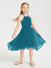 Trendy Tea Length Junior Bridesmaid Dresses Asymmetrical Skirt Ink Blue