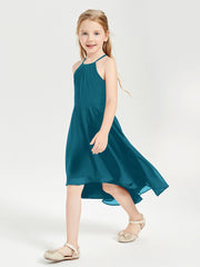Trendy Tea Length Junior Bridesmaid Dresses Asymmetrical Skirt Ink Blue