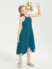 Trendy Tea Length Junior Bridesmaid Dresses Asymmetrical Skirt Ink Blue