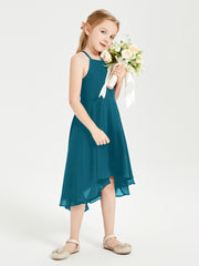 Trendy Tea Length Junior Bridesmaid Dresses Asymmetrical Skirt Ink Blue