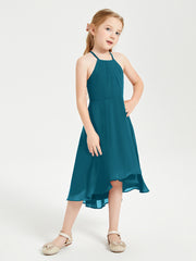 Trendy Tea Length Junior Bridesmaid Dresses Asymmetrical Skirt Ink Blue