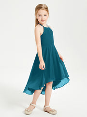 Trendy Tea Length Junior Bridesmaid Dresses Asymmetrical Skirt Ink Blue