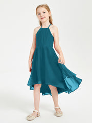 Trendy Tea Length Junior Bridesmaid Dresses Asymmetrical Skirt Ink Blue