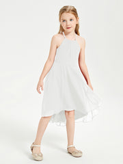 Trendy Tea Length Junior Bridesmaid Dresses Asymmetrical Skirt Ivory