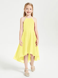 Trendy Tea Length Junior Bridesmaid Dresses Asymmetrical Skirt Lemon