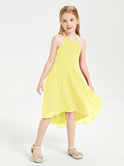 Trendy Tea Length Junior Bridesmaid Dresses Asymmetrical Skirt Lemon