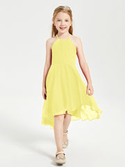 Trendy Tea Length Junior Bridesmaid Dresses Asymmetrical Skirt Lemon