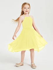 Trendy Tea Length Junior Bridesmaid Dresses Asymmetrical Skirt Lemon