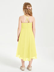 Trendy Tea Length Junior Bridesmaid Dresses Asymmetrical Skirt Lemon