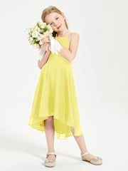 Trendy Tea Length Junior Bridesmaid Dresses Asymmetrical Skirt Lemon