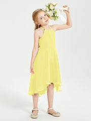 Trendy Tea Length Junior Bridesmaid Dresses Asymmetrical Skirt Lemon