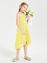 Trendy Tea Length Junior Bridesmaid Dresses Asymmetrical Skirt Lemon