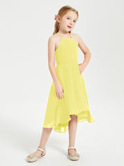 Trendy Tea Length Junior Bridesmaid Dresses Asymmetrical Skirt Lemon