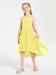 Trendy Tea Length Junior Bridesmaid Dresses Asymmetrical Skirt Lemon
