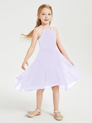 Trendy Tea Length Junior Bridesmaid Dresses Asymmetrical Skirt Lilac