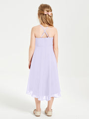 Trendy Tea Length Junior Bridesmaid Dresses Asymmetrical Skirt Lilac
