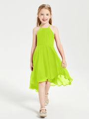 Trendy Tea Length Junior Bridesmaid Dresses Asymmetrical Skirt Lime Green