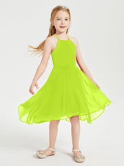 Trendy Tea Length Junior Bridesmaid Dresses Asymmetrical Skirt Lime Green