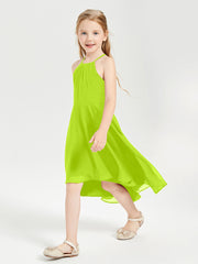 Trendy Tea Length Junior Bridesmaid Dresses Asymmetrical Skirt Lime Green