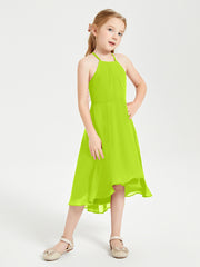 Trendy Tea Length Junior Bridesmaid Dresses Asymmetrical Skirt Lime Green
