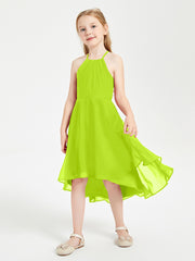 Trendy Tea Length Junior Bridesmaid Dresses Asymmetrical Skirt Lime Green