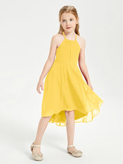 Trendy Tea Length Junior Bridesmaid Dresses Asymmetrical Skirt Marigold