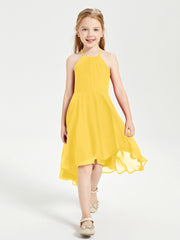 Trendy Tea Length Junior Bridesmaid Dresses Asymmetrical Skirt Marigold