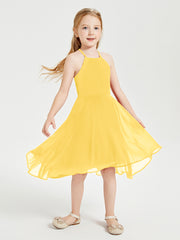 Trendy Tea Length Junior Bridesmaid Dresses Asymmetrical Skirt Marigold