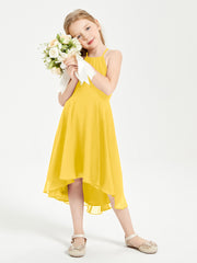 Trendy Tea Length Junior Bridesmaid Dresses Asymmetrical Skirt Marigold