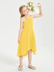 Trendy Tea Length Junior Bridesmaid Dresses Asymmetrical Skirt Marigold