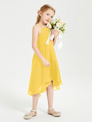 Trendy Tea Length Junior Bridesmaid Dresses Asymmetrical Skirt Marigold