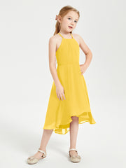 Trendy Tea Length Junior Bridesmaid Dresses Asymmetrical Skirt Marigold