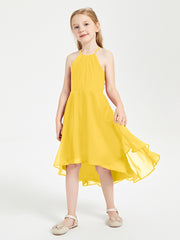 Trendy Tea Length Junior Bridesmaid Dresses Asymmetrical Skirt Marigold