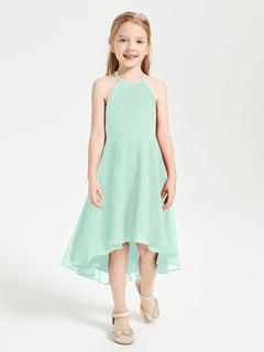 Trendy Tea Length Junior Bridesmaid Dresses Asymmetrical Skirt Mint Green