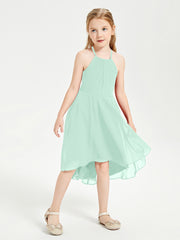 Trendy Tea Length Junior Bridesmaid Dresses Asymmetrical Skirt Mint Green