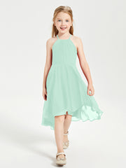 Trendy Tea Length Junior Bridesmaid Dresses Asymmetrical Skirt Mint Green