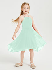Trendy Tea Length Junior Bridesmaid Dresses Asymmetrical Skirt Mint Green