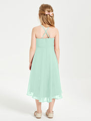 Trendy Tea Length Junior Bridesmaid Dresses Asymmetrical Skirt Mint Green