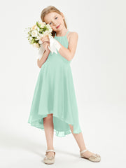 Trendy Tea Length Junior Bridesmaid Dresses Asymmetrical Skirt Mint Green