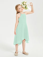 Trendy Tea Length Junior Bridesmaid Dresses Asymmetrical Skirt Mint Green