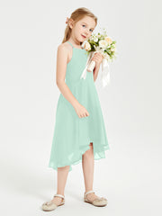 Trendy Tea Length Junior Bridesmaid Dresses Asymmetrical Skirt Mint Green