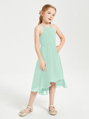 Trendy Tea Length Junior Bridesmaid Dresses Asymmetrical Skirt Mint Green