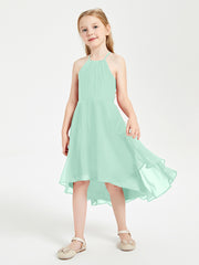 Trendy Tea Length Junior Bridesmaid Dresses Asymmetrical Skirt Mint Green