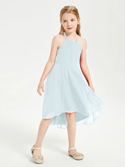 Trendy Tea Length Junior Bridesmaid Dresses Asymmetrical Skirt Mist