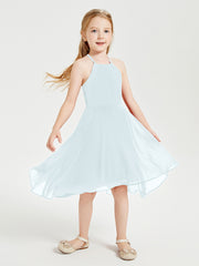 Trendy Tea Length Junior Bridesmaid Dresses Asymmetrical Skirt Mist