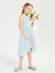 Trendy Tea Length Junior Bridesmaid Dresses Asymmetrical Skirt Mist