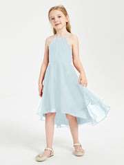 Trendy Tea Length Junior Bridesmaid Dresses Asymmetrical Skirt Mist