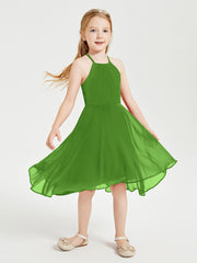 Trendy Tea Length Junior Bridesmaid Dresses Asymmetrical Skirt Moss