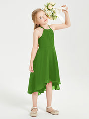 Trendy Tea Length Junior Bridesmaid Dresses Asymmetrical Skirt Moss